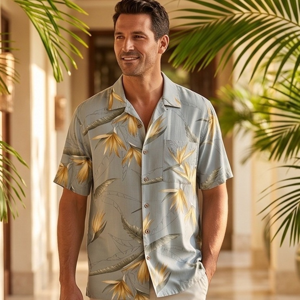 Tommy Bahama Mens M Silk Hawaiian Shirt Bird of Paradise Floral Blue Green